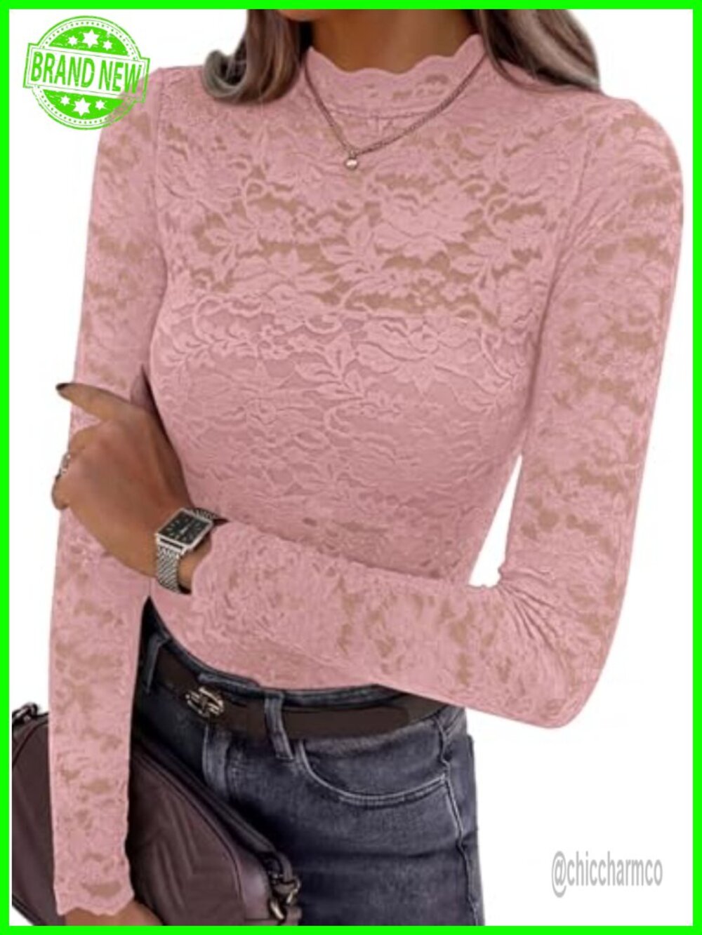 Lace Long Sleeve Sheer Mesh Blouse Slim Fit Mock Neck Top